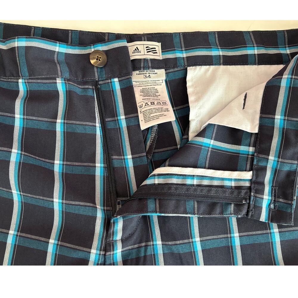Adidas Climate Men´s Golf Shorts Performance Flat Front Blue Plaid Logo Size 34 - Picture 3 of 7